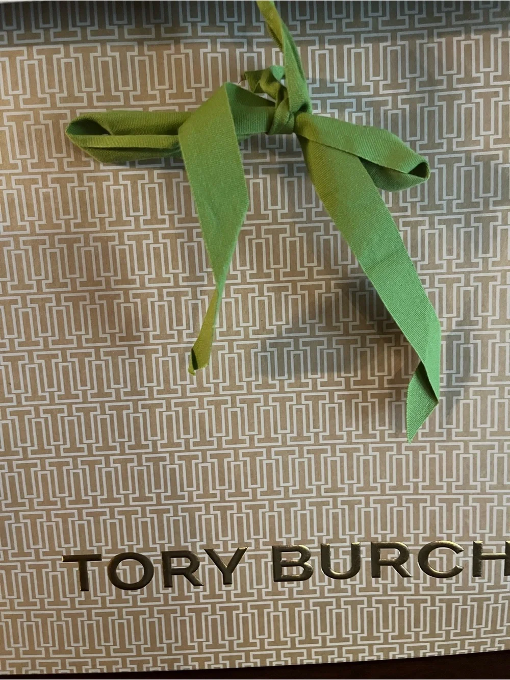 Tory Burch Tan/Cream Gift Bag with Green Ribbon - Home Party Supplies